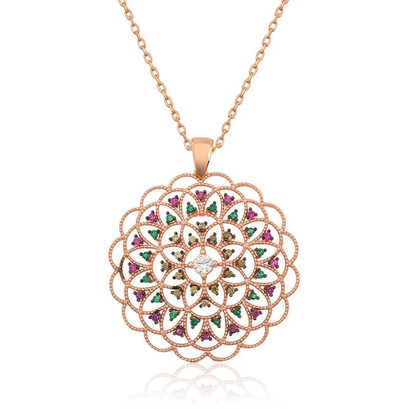 Gümüş Rose Geometrik Desenli Madalyon Kolye  SL7393 ürün görseli 1