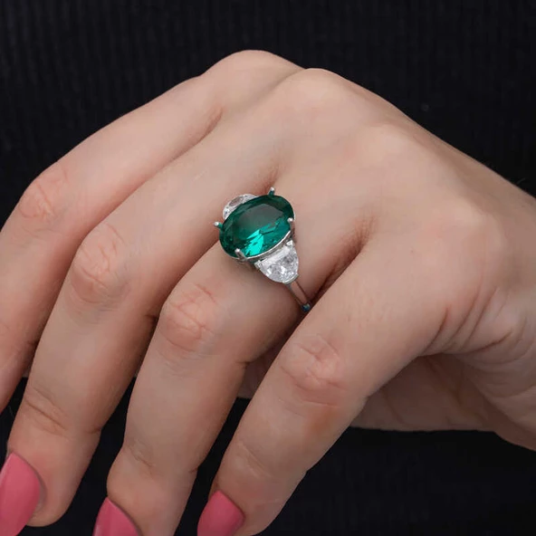 Gümüş Yeşil Renk Paraiba Taşlı Kadın Yüzük  SL6848 ürün görseli 1