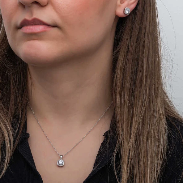 Gümüş Kare Montür Tek Taş Kadın Set SL6918 ürün görseli 1