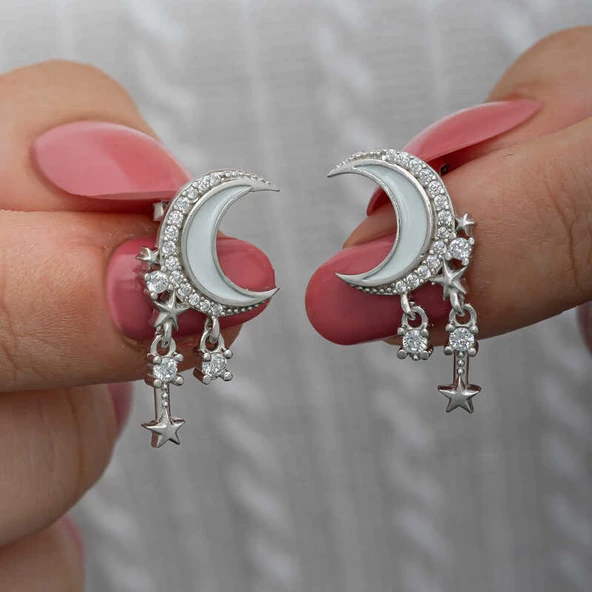 Gümüş Sallantılı Ay Yıldız Kadın Küpe SL6597 ürün görseli 1