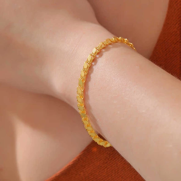 Gümüş Gold Pullu Zincir Kadın Bileklik - Resim 6