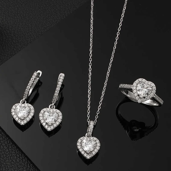 Gümüş Beyaz Taşlı Kalpli Kadın Set SL8060 ürün görseli 1