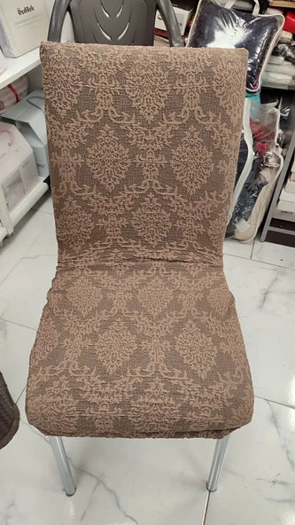 MANDAŞ 6LI SET Jakarlı Lastikli Eteksiz Sandalye Kılıfı-Şal Desen Kahve ürün görseli 1
