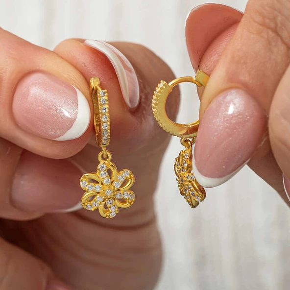 ​Gümüş Sallantılı Gold Çiçek Kadın Küpe  SL7944 ürün görseli 1