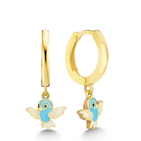 Gümüş Gold Mavi Renkli Sallantılı Kuş Kadın Küpe SL7502 ürün görseli 1