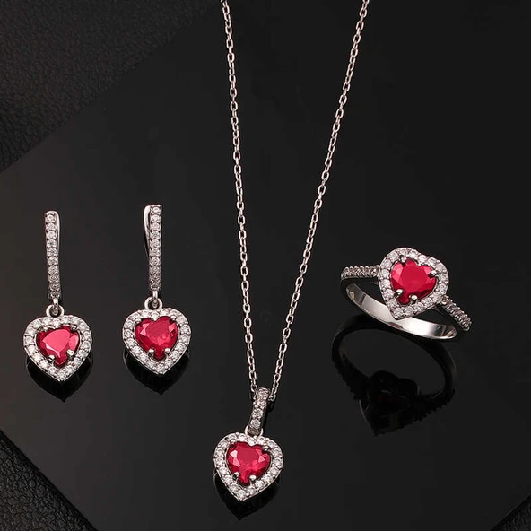 Gümüş Kırmızı Taşlı Kalpli Kadın Set SL6048 ürün görseli 1
