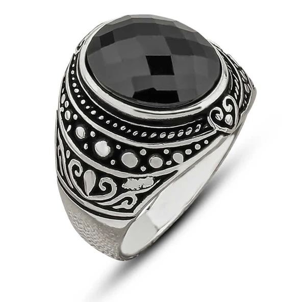 Gümüş Siyah Zirkon Taşlı Oval Erkek Yüzük T8453 ürün görseli 1