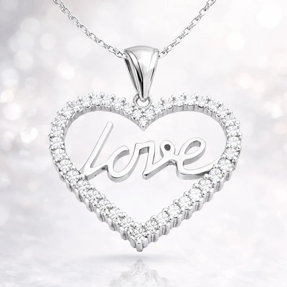 Gümüş Taşlı Love Bayan Kolye SL1654 - Resim 9