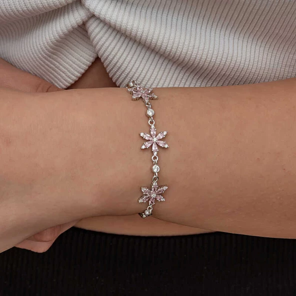 Gümüş Pembe Lotus Çiçeği Kadın Bileklik  SL8969 ürün görseli 1