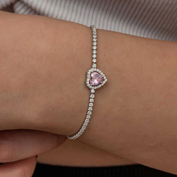 Gümüş Pembe Taşlı Kalpli Su Yolu Bileklik  SL9136 ürün görseli 1