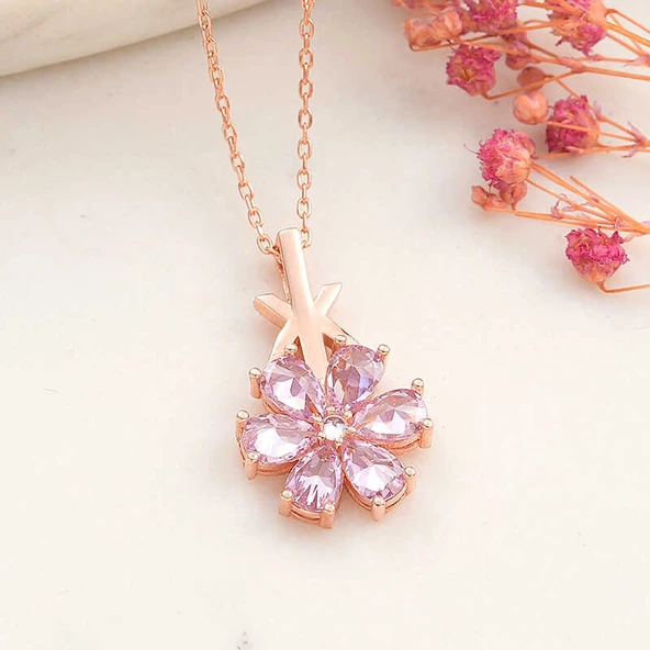 Gümüş Rose Pembe Sevgi Çiçeği Kadın Kolye SL6145 ürün görseli 1