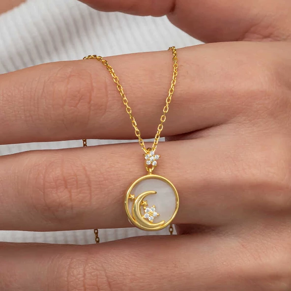 Gümüş Gold Sedef Taşlı Ay Yıldız Hilal Kadın Kolye SL9076 ürün görseli 1