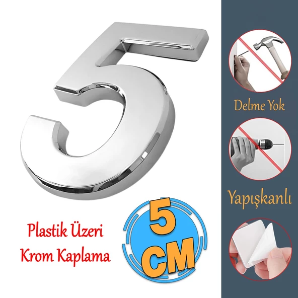 Yapışkanlı Kapı Numarası Küçük Boy 50 mm 5 cm Numara 5 Rakam Beş Sayısı Krom Renk Numaralar 1 Adet ürün görseli 1