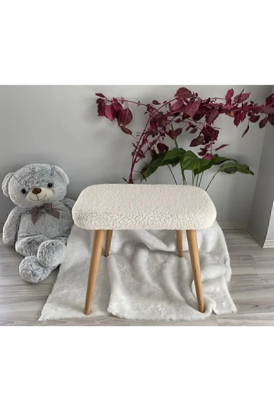 BEYLERBEYİ Ahşap ayaklı tedy kumaş dekoratif puf Bench Makyaj sandalyesi oval ürün görseli 1