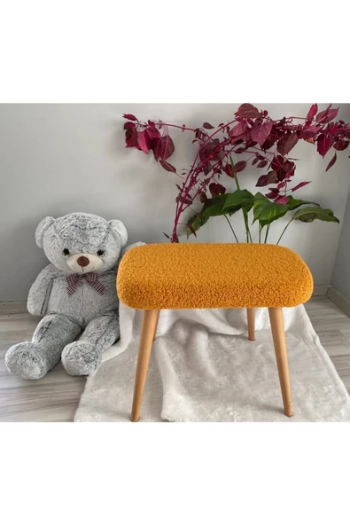 BEYLERBEYİ Ahşap ayaklı tedy kumaş dekoratif puf Bench Makyaj sandalyesi oval ürün görseli 1