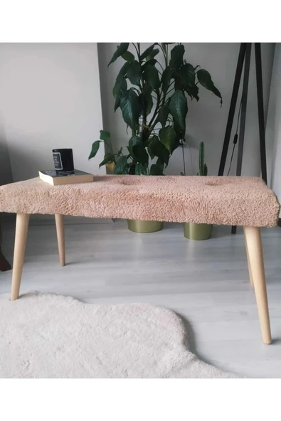 BEYLERBEYİ Ahşap Ayaklı Handmade Geniş Oturum  Krem welsoft Kumaş Pofidik Puf bench ,ayak ucu uzatmalık,berjer ürün görseli 1