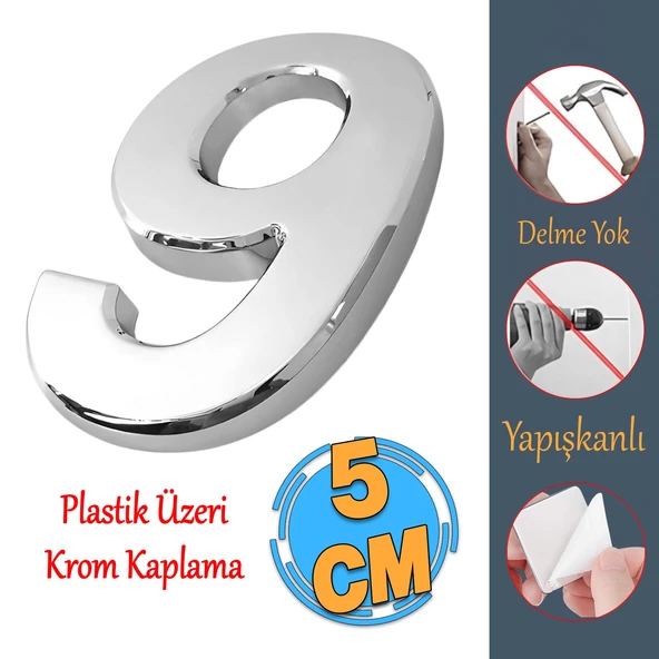 Yapışkanlı Kapı Numarası Küçük Boy 50 mm 5 cm Numara 9 Rakam Dokuz Sayı Krom Renk Numaralar 1 Adet ürün görseli 1