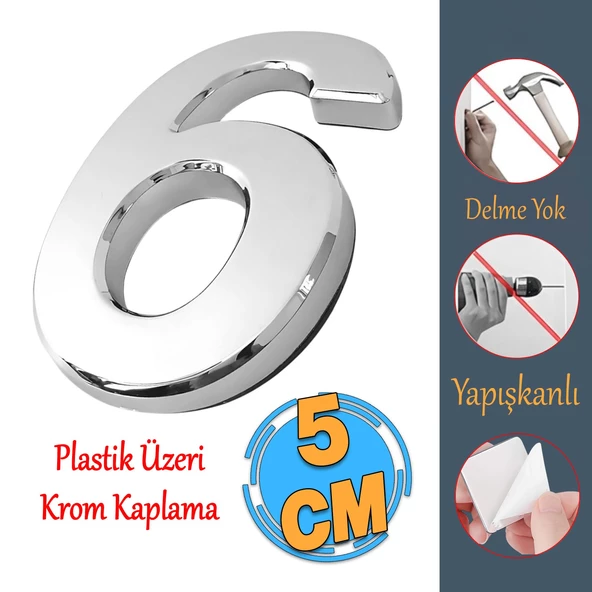 Yapışkanlı Kapı Numarası Küçük Boy 50 mm 5 cm Numara 6 Rakam Altı Sayısı Krom Renk Numaralar 1 Adet ürün görseli 1