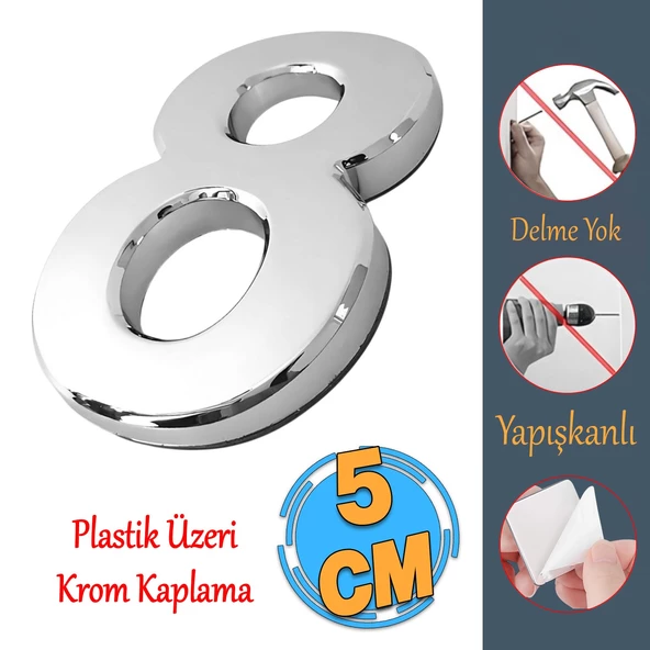 Yapışkanlı Kapı Numarası Küçük Boy 50 mm 5 cm Numara 8 Rakam Sekiz Sayı Krom Renk Numaralar 1 Adet ürün görseli 1