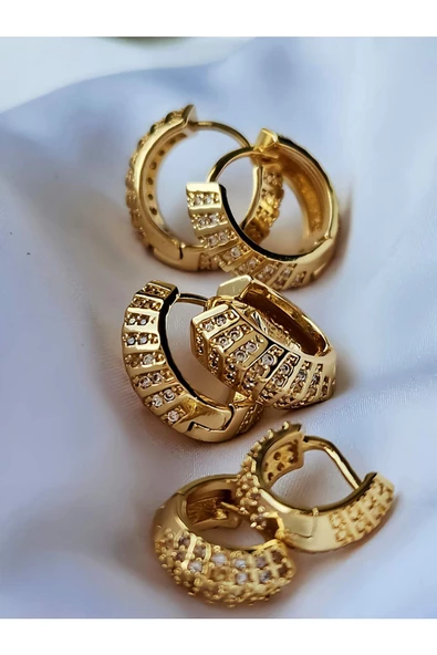 6'lı Oval Minimalist Hoop Zirkon Taşlı Altın Kaplama Gold Renk Küpe Seti ürün görseli 1