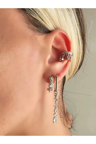 3'lü Sallantılı Başak Model Mitolojik Silver Renk Küpe - Resim 2