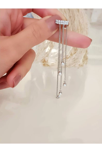 İki Sıralı Zirkon Taşlı İnci Sallantılı Model Gümüş Renkli Kıkırdak Sıkıştırmalı Küpe Earcuff ürün görseli 1