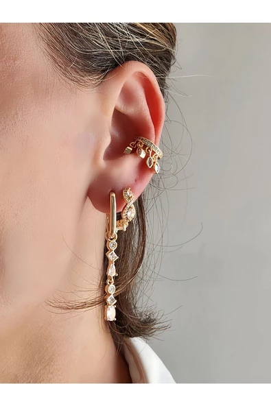 3'lü Sallantılı Başak Model Mitolojik Gold Renk Küpe ürün görseli 1