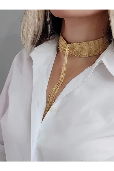 14 Sıralı Zincir Dokuma Sallantılı Vücut Tasma Choker Gold El Yapımı Kolye ürün görseli 1