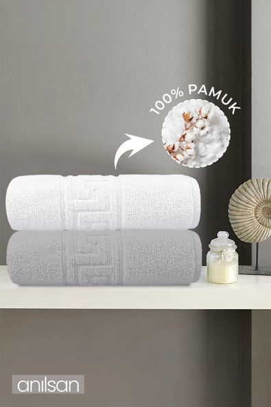 2'li Greek Gri-Beyaz Banyo Havlusu - 70x140 Cm, 490 Gr, %100pamuk, Spa Ve Otel Havlusu U ürün görseli 1