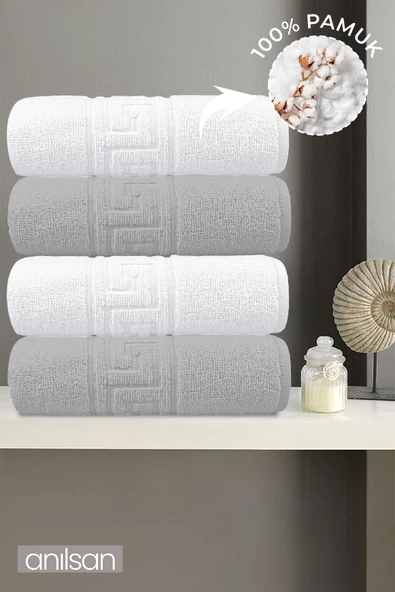 4'lu Greek Gri-Beyaz El Havlusu - 50x90 Cm, 225 Gr, %100 Pamuk, Spa Ve Otel Havlusu ürün görseli 1