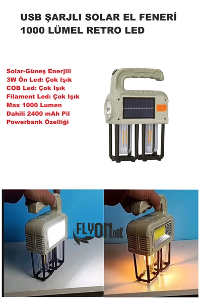 Solar Güneş Enerjili  Şajlı El Feneri,Fonksiyonlu Filament,COB ve 3W Ön Led Powerbank Özelikli Lamba ürün görseli 1