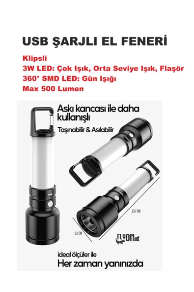 Şarjlı El Feneri Hem Aydınlatma Hem Fener 3W LED Çok Işık, Orta Seviye Işık, Flaşör  360° SMD Lamba ürün görseli 1