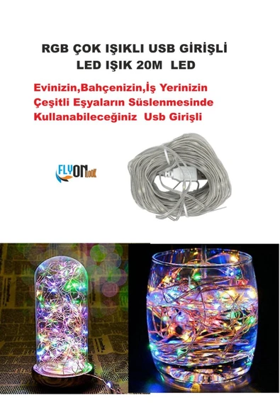USB GİRİŞLİ RGB ÇOK IŞIKLI  LED IŞIK 20 METRE EV, BAHÇE, OFİS , ÇEŞİTLİ EŞYA SÜSLEME ŞERİT LED ürün görseli 1