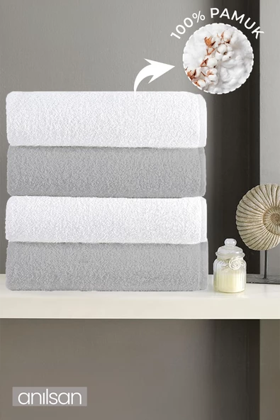 4'lu Düz Gri-Beyaz Banyo Havlusu - 70x140 Cm, 490 Gr, %100pamuk, Spa Ve Otel Havlusu ürün görseli 1