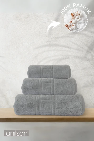 3'lü Gri Greek Havlu Seti - 1 Ad El Havlusu 50x90, 1 Ad Banyo Havlusu 70x140, 1 Ad Ayak Havlusu 50x70 ürün görseli 1