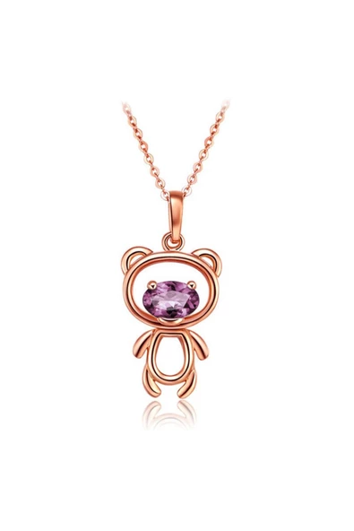 Ayıcık Gümüş Minik Kolye Rose Renk Mor Taşlı ürün görseli 1