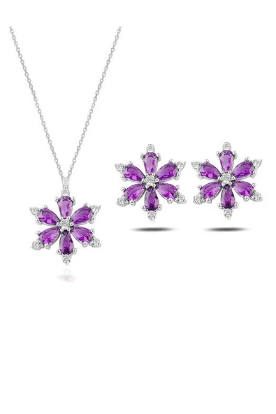 925 Ayar Lotus Çiçeği Ametist Taşlı Kadın Gümüş Kolye Küpe Set ürün görseli 1