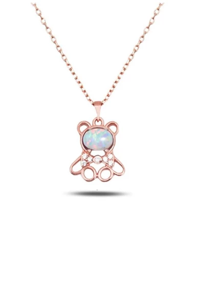 Opal Taşlı Ayıcık Gümüş Minik Kolye Zarif Model ürün görseli 1