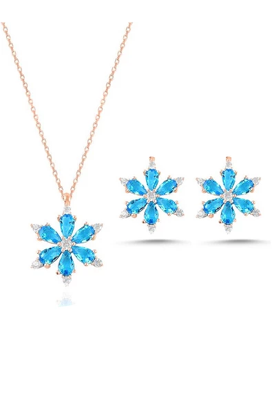 925 Ayar Lotus Çiçeği Aquamarin Taşlı Rose Gümüş Kolye Küpe Set ürün görseli 1
