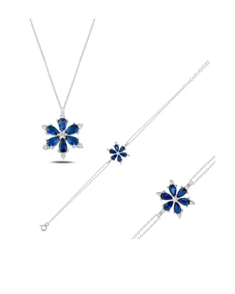 925 Ayar Lotus Çiçeği Safir Taşlı Gümüş Kolye Bileklik Set ürün görseli 1