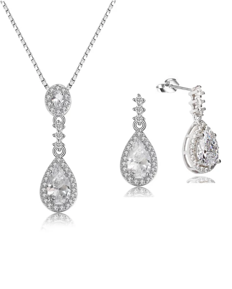 Zirkon Taşlı Işıltılı Damla Diamond Model Kadın Gümüş Kolye Küpe Seti ürün görseli 1