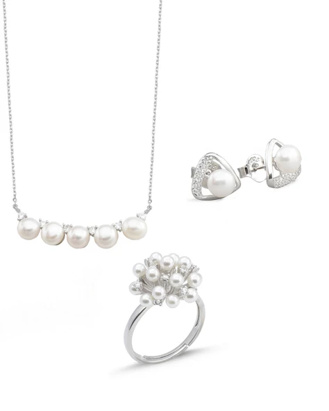 Special Luxury Pearl Kadın Gümüş Kolye Küpe Yüzük İnci Set ürün görseli 1