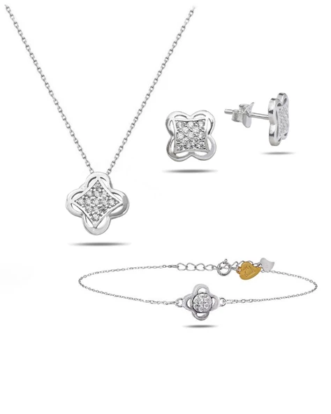 Swarovski Taşlı Elegant Yonca Kadın Gümüş Kolye Küpe Bileklik Set ürün görseli 1