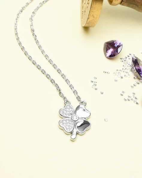 Swarovski Taşlı Mineli Yonca Model Kadın Gümüş Kolye - Resim 2