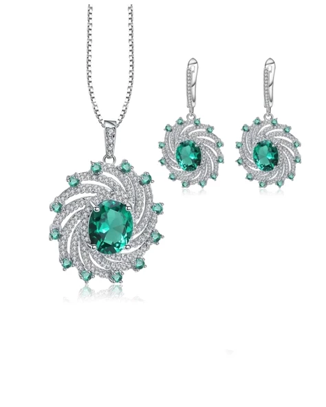 Zümrüt Oval Taşlı Luxury Vintage Kadın Gümüş Kolye Küpe Set ürün görseli 1