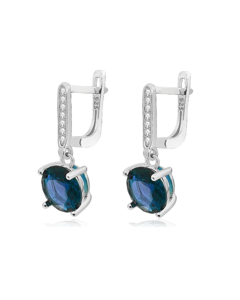 Safir Taşlı Tektaş Pırlanta Sallantılı Kadın Gümüş Küpe 9 MM ürün görseli 1