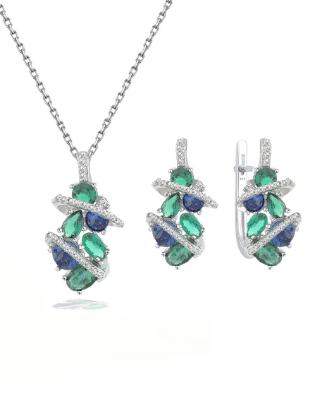 Zümrüt Oval Taşlı Luxury Kadın Gümüş Kolye Küpe Set ürün görseli 1