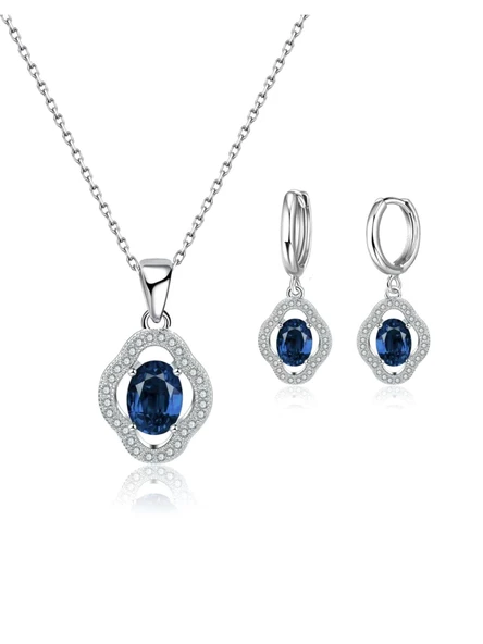 Gümüş Safir Taşlı Kadın Kolye Küpe Seti Gümüş Kolye Set ürün görseli 1
