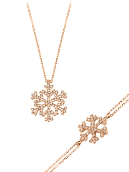 925 Ayar Gümüş Kar Tanesi Rose Gold Kadın Kolye Bileklik Set ürün görseli 1