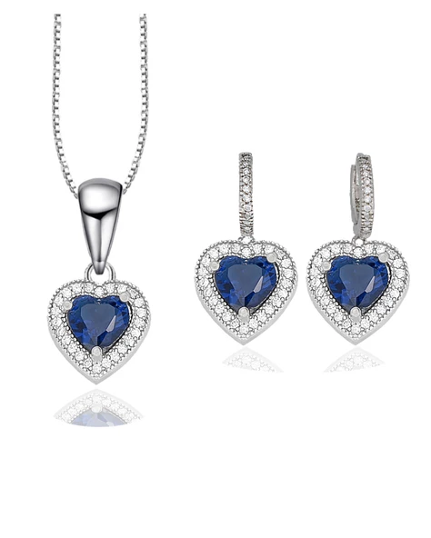 Diamond  Model Lusso Elegant Sapphire Heart Kadın Kolye Küpe Seti ürün görseli 1